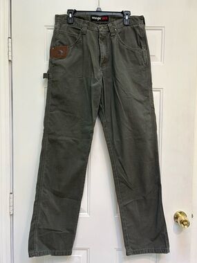 Utility Workwear by Wrangler Riggs Olive Work Pants with Leather Patch 33x34